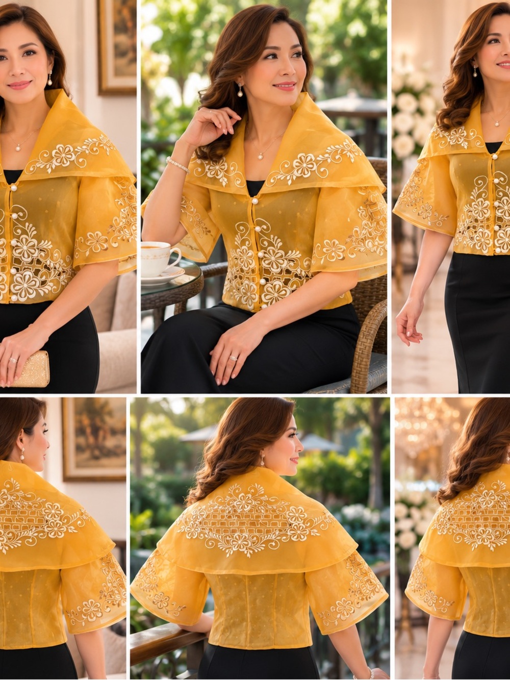 Filipiniana Balona Maria Clara Yellow Gold Embroidered Organza Bolero Jacket - Picture 7 of 7
